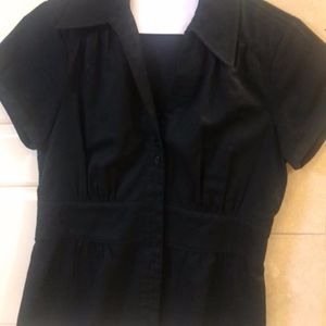 Black short sleeve button down v neck shirt
